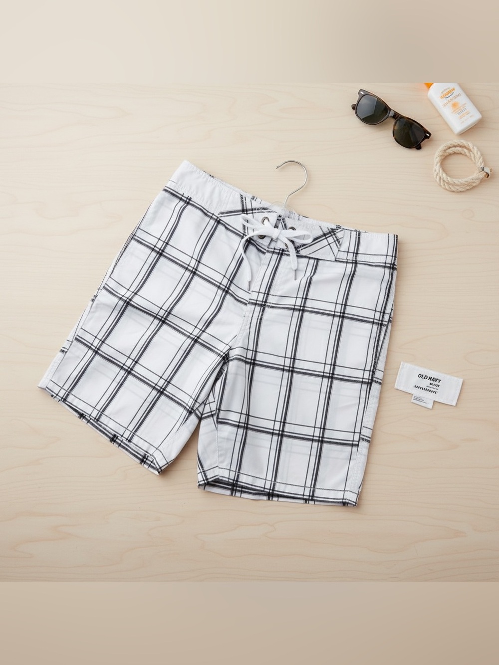 Old Navy Plaid Board Shorts White Black Swim Trunks Men’s Small